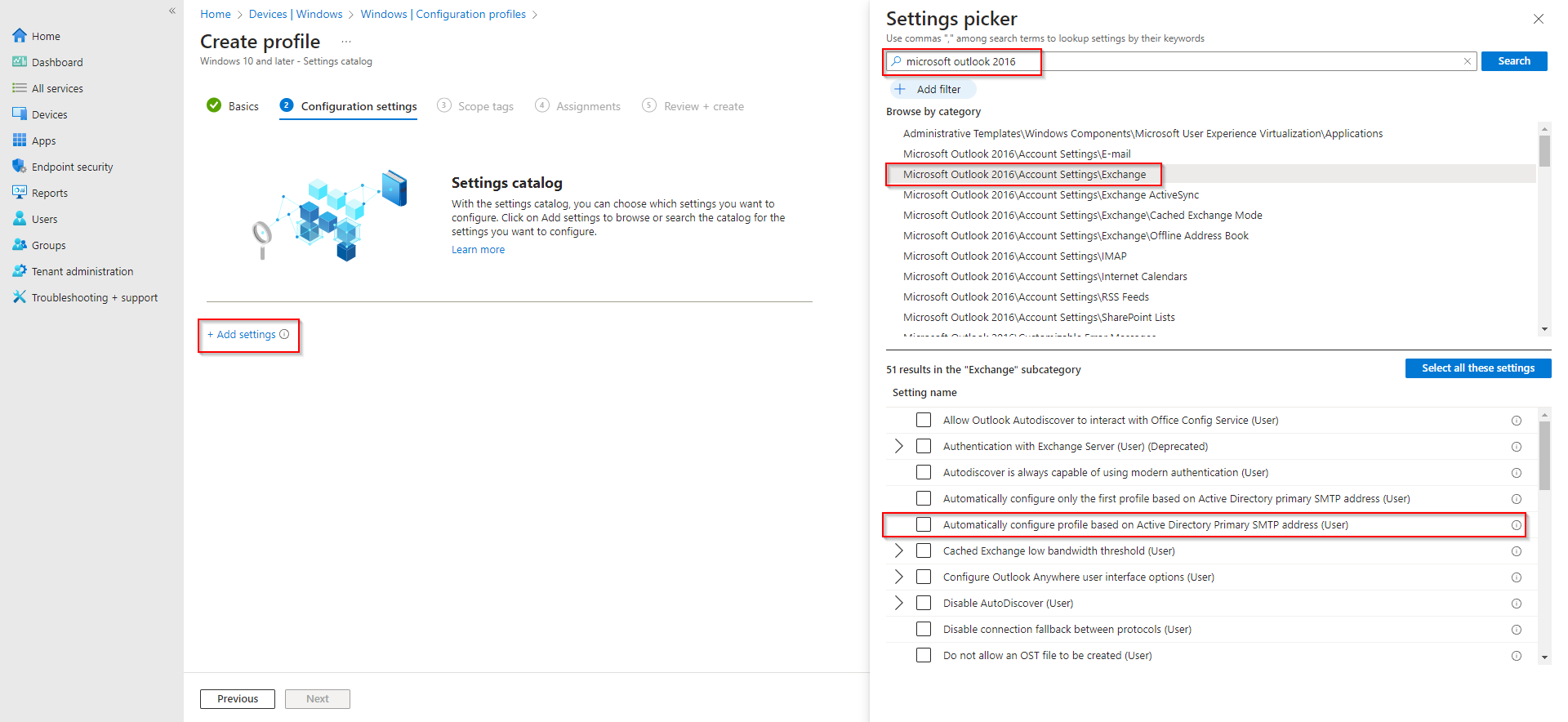 Configuring Outlook auto-login setting in Settings catalog